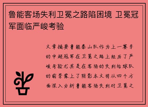 鲁能客场失利卫冕之路陷困境 卫冕冠军面临严峻考验